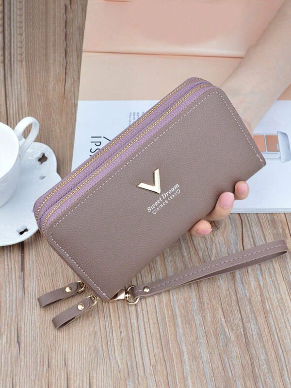 Nouveau portefeuille pour femmes Style moyen-long avec un design à la mode, double couche de fermeture éclair et dragonne amovible, adapté pour ranger des téléphones portables. Portefeuille rose chaud avec sangle de poignet – Image 3
