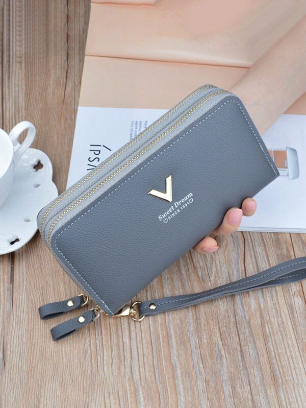 Nouveau portefeuille pour femmes Style moyen-long avec un design à la mode, double couche de fermeture éclair et dragonne amovible, adapté pour ranger des téléphones portables. Portefeuille rose chaud avec sangle de poignet – Image 4