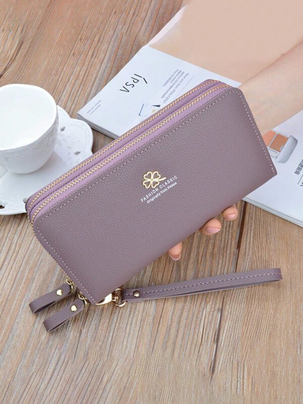 Nouveau portefeuille pour femmes Style moyen-long avec un design à la mode, double couche de fermeture éclair et dragonne amovible, adapté pour ranger des téléphones portables. Portefeuille rose chaud avec sangle de poignet – Image 5