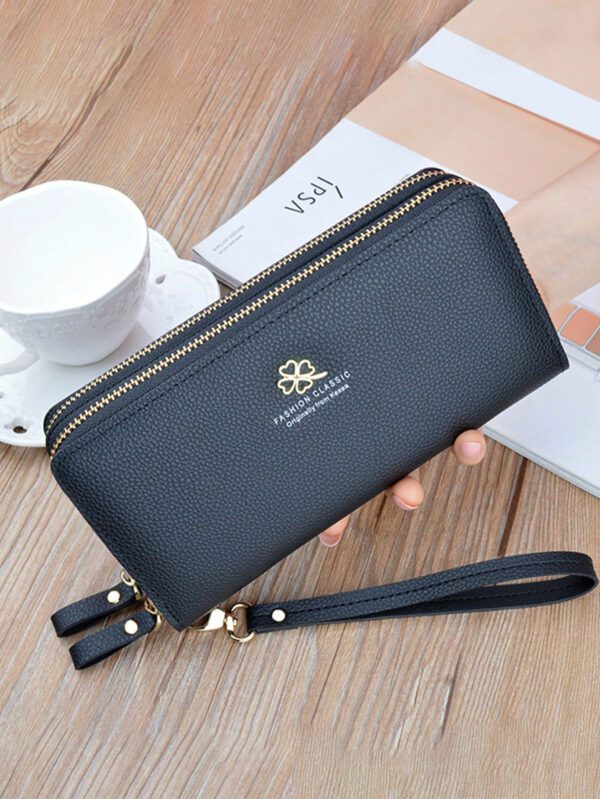 Nouveau portefeuille pour femmes Style moyen-long avec un design à la mode, double couche de fermeture éclair et dragonne amovible, adapté pour ranger des téléphones portables. Portefeuille rose chaud avec sangle de poignet – Image 6