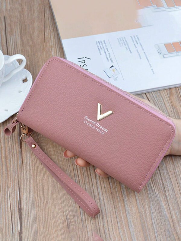 Nouveau portefeuille pour femmes Style moyen-long avec un design à la mode, double couche de fermeture éclair et dragonne amovible, adapté pour ranger des téléphones portables. Portefeuille rose chaud avec sangle de poignet – Image 7