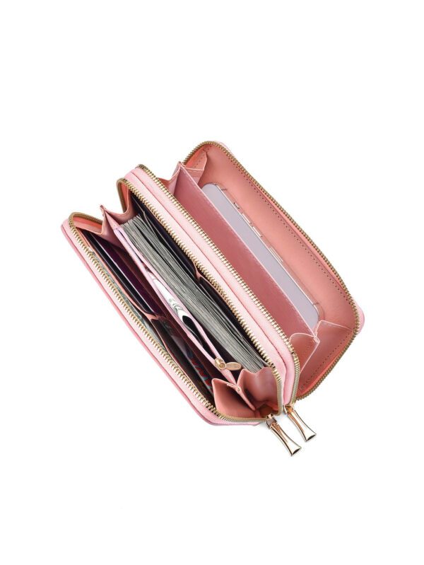 Nouveau portefeuille pour femmes Style moyen-long avec un design à la mode, double couche de fermeture éclair et dragonne amovible, adapté pour ranger des téléphones portables. Portefeuille rose chaud avec sangle de poignet – Image 8