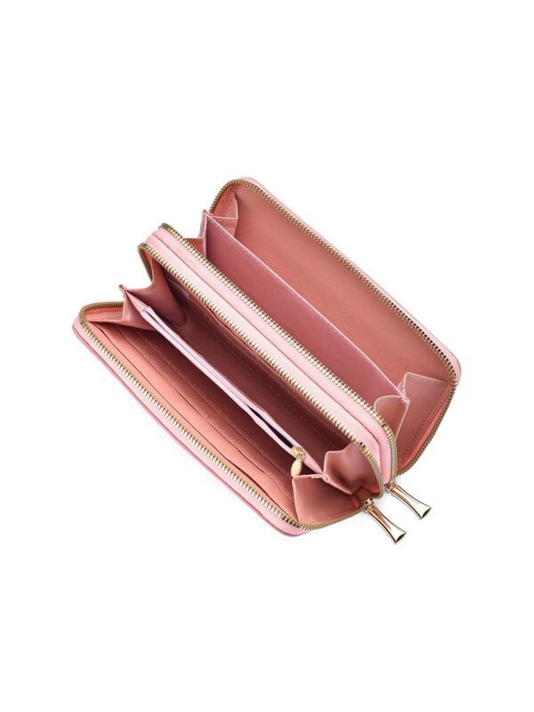 Nouveau portefeuille pour femmes Style moyen-long avec un design à la mode, double couche de fermeture éclair et dragonne amovible, adapté pour ranger des téléphones portables. Portefeuille rose chaud avec sangle de poignet – Image 9