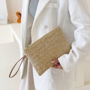 1 pièce Sac tissé porté à la main de style vacances pour femme, sac tressé en paille, sac portable polyvalent, petit sac plat frais de loisirs de vacances, sac pratique, pour les voyages d'affaires