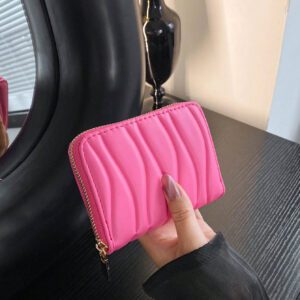 1 pièce Portefeuille en PU à motif de vagues courtes, portable et à la mode, adapté à un usage quotidien pour femmes, cadeau de rencontre, porte-cartes rose vif, porte-cartes, portefeuille, porte-cartes de visite, porte-cartes de crédit, porte-cartes pour femmes