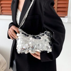 1 pièce Sac d'épaule PVC à fermeture éclair scintillant, embrayage avec sangle en chaîne, sac en forme de pain français pour femmes, convient pour les fêtes, les sorties et les dîners. Sac de fête parfait pour les fêtes, les mariages, les soirées, les dîners, assorti aux robes de fête, aux robes de soirée et aux robes à paillettes, s'assortissant parfaitement aux tenues du Nouvel An