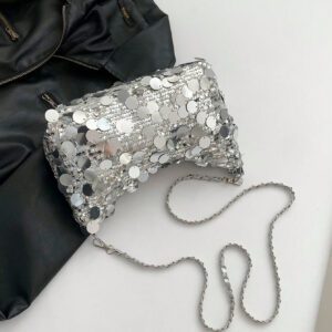 1 pièce Sac d'épaule PVC à fermeture éclair scintillant, embrayage avec sangle en chaîne, sac en forme de pain français pour femmes, convient pour les fêtes, les sorties et les dîners. Sac de fête parfait pour les fêtes, les mariages, les soirées, les dîners, assorti aux robes de fête, aux robes de soirée et aux robes à paillettes, s'assortissant parfaitement aux tenues du Nouvel An