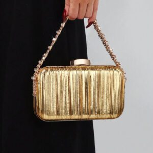 Sac pochette plissé doré brillant, sac de soirée de luxe avec décoration de chaîne diamantée. Convient pour les robes, les mariages romantiques, les fêtes, les boîtes de nuit, la Saint-Valentin et les cadeaux d'anniversaire