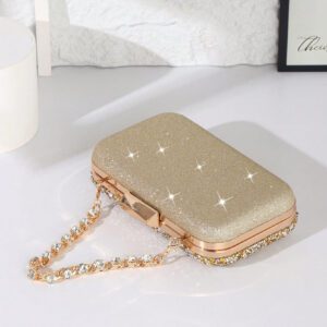Sac pochette plissé doré brillant, sac de soirée de luxe avec décoration de chaîne diamantée. Convient pour les robes, les mariages romantiques, les fêtes, les boîtes de nuit, la Saint-Valentin et les cadeaux d'anniversaire