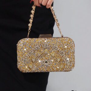 Sac pochette plissé doré brillant, sac de soirée de luxe avec décoration de chaîne diamantée. Convient pour les robes, les mariages romantiques, les fêtes, les boîtes de nuit, la Saint-Valentin et les cadeaux d'anniversaire