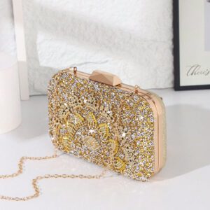 Sac pochette plissé doré brillant, sac de soirée de luxe avec décoration de chaîne diamantée. Convient pour les robes, les mariages romantiques, les fêtes, les boîtes de nuit, la Saint-Valentin et les cadeaux d'anniversaire