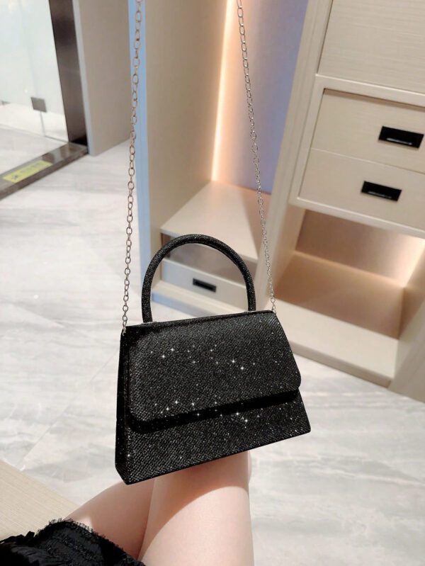 Moonlit EveBag Glamoureux, Élégant, Exquis, Luxe Calme Paillettes Square Mini Sac avec chaîne pour femme, fille, mariée avec faux perles et strass, idéal pour soirée, mariage, bal, diner/banquet – Image 3
