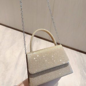 Moonlit EveBag Glamoureux, Élégant, Exquis, Luxe Calme Paillettes Square Mini Sac avec chaîne pour femme, fille, mariée avec faux perles et strass, idéal pour soirée, mariage, bal, diner/banquet