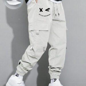 Manfinity Hypemode Pantalon cargo pour hommes avec poche rabattable avec graphique, cordon de serrage à la taille