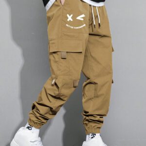 Manfinity Hypemode Pantalon cargo pour hommes avec poche rabattable avec graphique, cordon de serrage à la taille
