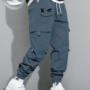 Manfinity Hypemode Pantalon cargo pour hommes avec poche rabattable avec graphique, cordon de serrage à la taille