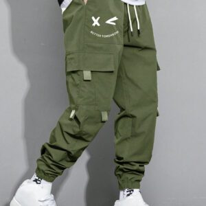 Manfinity Hypemode Pantalon cargo pour hommes avec poche rabattable avec graphique, cordon de serrage à la taille