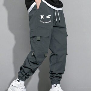 Manfinity Hypemode Pantalon cargo pour hommes avec poche rabattable avec graphique, cordon de serrage à la taille