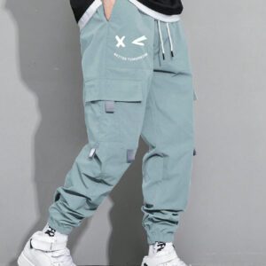 Manfinity Hypemode Pantalon cargo pour hommes avec poche rabattable avec graphique, cordon de serrage à la taille