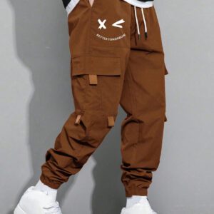 Manfinity Hypemode Pantalon cargo pour hommes avec poche rabattable avec graphique, cordon de serrage à la taille