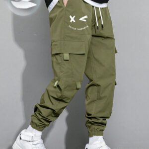 Manfinity Hypemode Pantalon cargo pour hommes avec poche rabattable avec graphique, cordon de serrage à la taille
