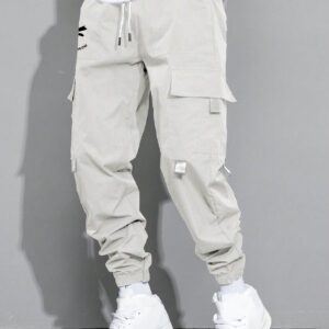 Manfinity Hypemode Pantalon cargo pour hommes avec poche rabattable avec graphique, cordon de serrage à la taille