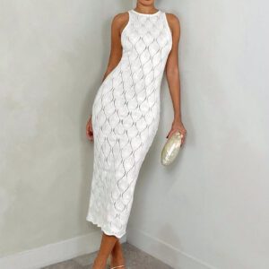 Glamine Robe-pull à encolure ronde texturée, ajustée et sans manches pour femmes, printemps/été, Saint-Valentin, robes blanches pour femmes, robes élégantes pour femmes