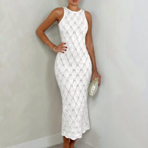 Glamine Robe-pull à encolure ronde texturée, ajustée et sans manches pour femmes, printemps/été, Saint-Valentin, robes blanches pour femmes, robes élégantes pour femmes