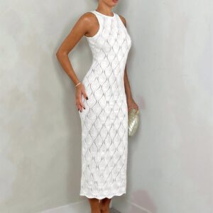 Glamine Robe-pull à encolure ronde texturée, ajustée et sans manches pour femmes, printemps/été, Saint-Valentin, robes blanches pour femmes, robes élégantes pour femmes