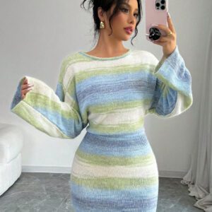 Elenzga Robe pull manches longues casual col rond à imprimé rayures colorées pour femmes