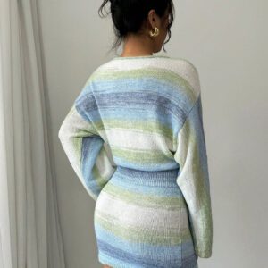 Elenzga Robe pull manches longues casual col rond à imprimé rayures colorées pour femmes
