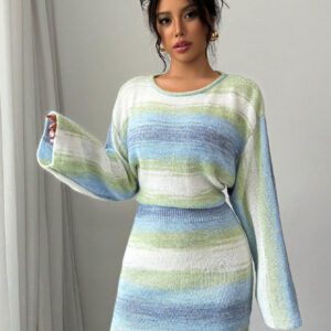 Elenzga Robe pull manches longues casual col rond à imprimé rayures colorées pour femmes