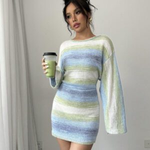 Elenzga Robe pull manches longues casual col rond à imprimé rayures colorées pour femmes