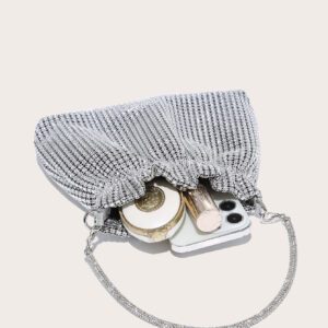 Sac seau décoré de rhinestones, léger et décontracté chic. Design à cordon coulissant, sac transparent avec perles, sac de soirée glamour, élégant et raffiné. Luxe discret avec rhinestones pour femme, future mariée, parfait pour fête, dîner, réveillon de Noël.