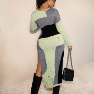 BamGleam Robe pull moulante femme à fentes latérales déchirées, en patchwork multicolore