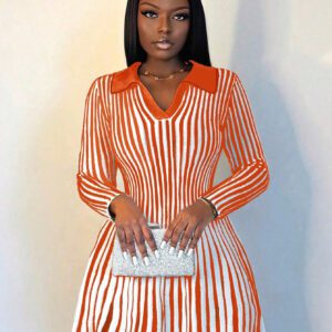 BamGleam Nouvelle robe pull à la taille cintrée, robe tricotée plissée avec col, à bloc de couleurs rayé gris et blanc, pour l'automne/hiver