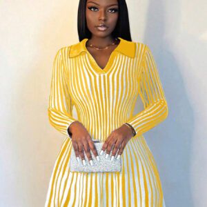 BamGleam Nouvelle robe pull à la taille cintrée, robe tricotée plissée avec col, à bloc de couleurs rayé gris et blanc, pour l'automne/hiver