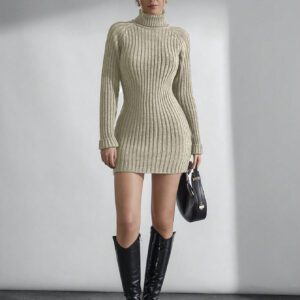 SHEIN Robe pull à manches longues mini en tricot côtelé avec col montant