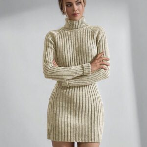 SHEIN Robe pull à manches longues mini en tricot côtelé avec col montant