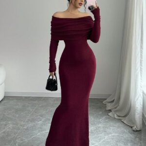 Elenzga Robe pull longue moulante style sirène avec épaules dénudées pour la Saint-Valentin
