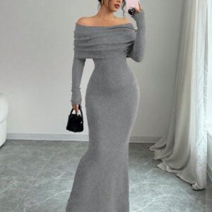Elenzga Robe pull longue moulante style sirène avec épaules dénudées pour la Saint-Valentin