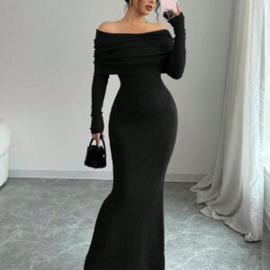 Elenzga Robe pull longue moulante style sirène avec épaules dénudées pour la Saint-Valentin