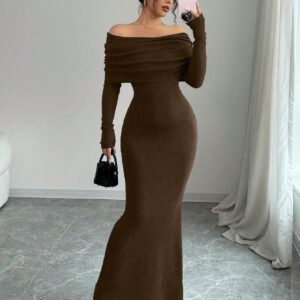 Elenzga Robe pull longue moulante style sirène avec épaules dénudées pour la Saint-Valentin