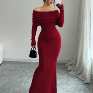 Elenzga Robe pull longue moulante style sirène avec épaules dénudées pour la Saint-Valentin