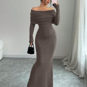 Elenzga Robe pull longue moulante style sirène avec épaules dénudées pour la Saint-Valentin