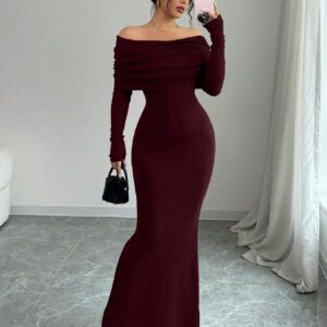 Elenzga Robe pull longue moulante style sirène avec épaules dénudées pour la Saint-Valentin