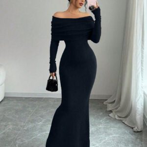 Elenzga Robe pull longue moulante style sirène avec épaules dénudées pour la Saint-Valentin