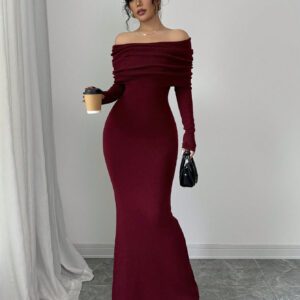 Elenzga Robe pull longue moulante style sirène avec épaules dénudées pour la Saint-Valentin