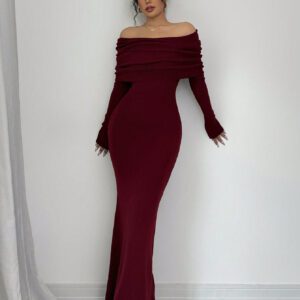 Elenzga Robe pull longue moulante style sirène avec épaules dénudées pour la Saint-Valentin