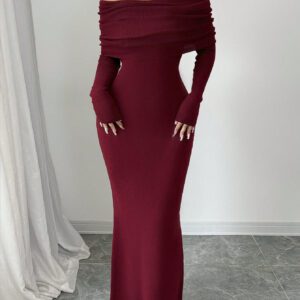 Elenzga Robe pull longue moulante style sirène avec épaules dénudées pour la Saint-Valentin